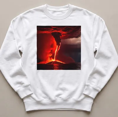 Dramatic volcanic eruption with fiery waterspout in red, orange, and gray. — printed on a unisex sweatshirt