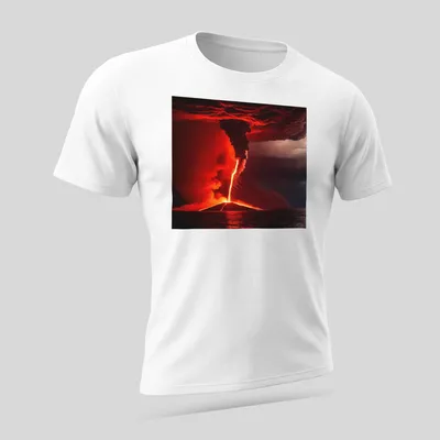 Dramatic volcanic eruption with fiery waterspout in red, orange, and gray. — printed on a unisex t-shirt (angled view)