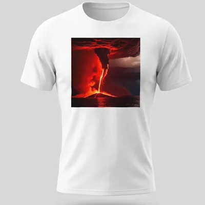 Dramatic volcanic eruption with fiery waterspout in red, orange, and gray.