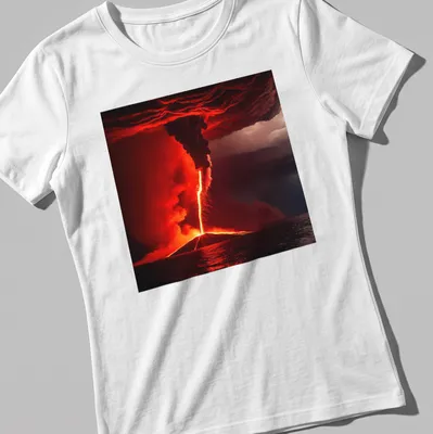 Dramatic volcanic eruption with fiery waterspout in red, orange, and gray. — printed on a women's shirt