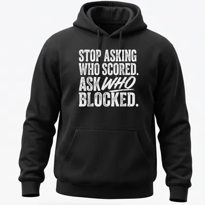 Bold typography t-shirt featuring volleyball humor about blocking and scoring — printed on a unisex hoodie