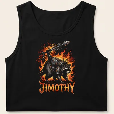 Illustration of Warlord Raccoon Jimothy in ornate armor with bold lettering — printed on a tank top