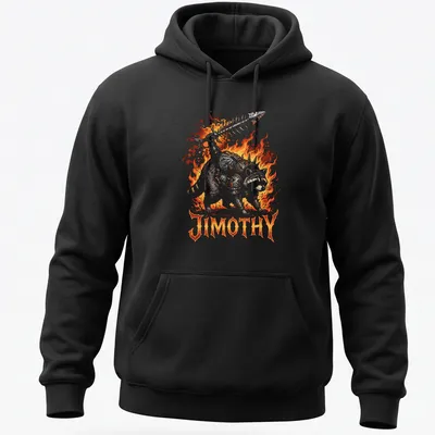 Illustration of Warlord Raccoon Jimothy in ornate armor with bold lettering — printed on a unisex hoodie