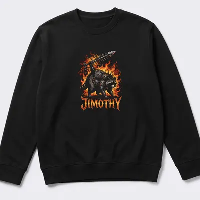 Illustration of Warlord Raccoon Jimothy in ornate armor with bold lettering — printed on a unisex sweatshirt