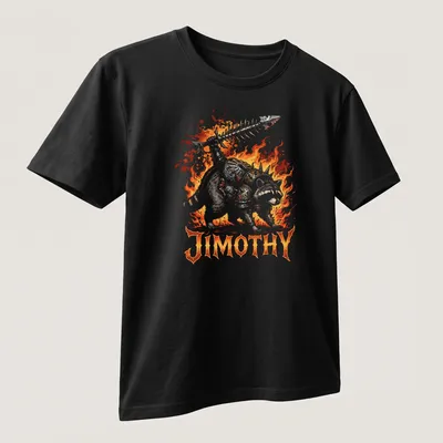 Illustration of Warlord Raccoon Jimothy in ornate armor with bold lettering — printed on a unisex t-shirt (angled view)
