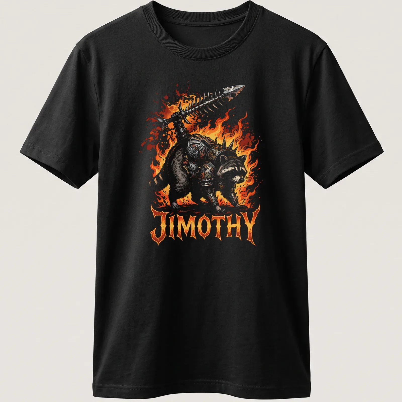 Illustration of Warlord Raccoon Jimothy in ornate armor with bold lettering — printed on a unisex t-shirt