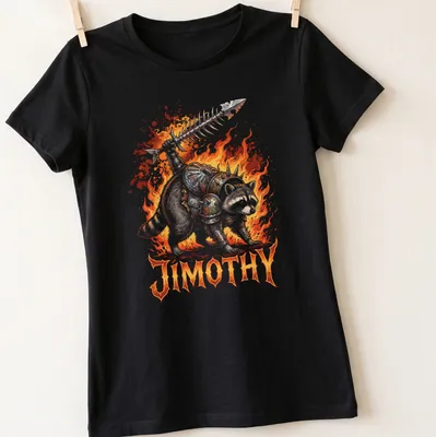 Illustration of Warlord Raccoon Jimothy in ornate armor with bold lettering — printed on a women's shirt