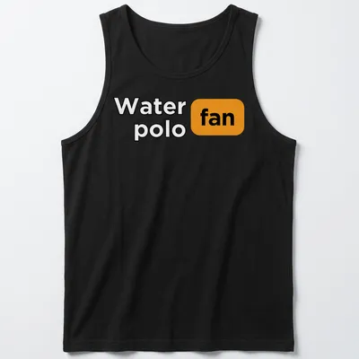 Bold typography Water Polo Fan t-shirt in black, orange, and white — printed on a tank top