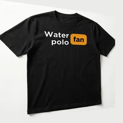 Bold typography Water Polo Fan t-shirt in black, orange, and white — printed on a unisex t-shirt (angled view)
