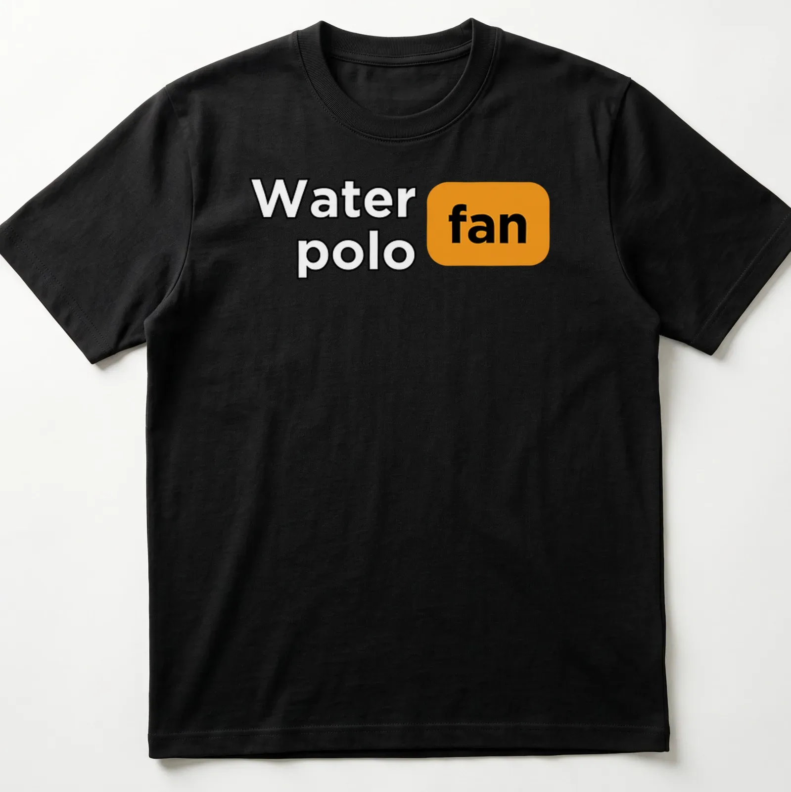 Bold typography Water Polo Fan t-shirt in black, orange, and white — printed on a unisex t-shirt