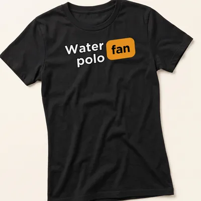 Bold typography Water Polo Fan t-shirt in black, orange, and white — printed on a women's shirt