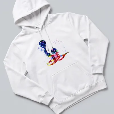 Water polo player silhouette with colorful splash against the American flag — printed on a unisex hoodie