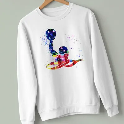 Water polo player silhouette with colorful splash against the American flag — printed on a unisex sweatshirt