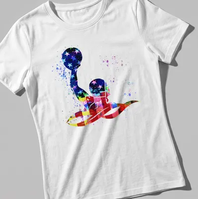 Water polo player silhouette with colorful splash against the American flag — printed on a women's shirt