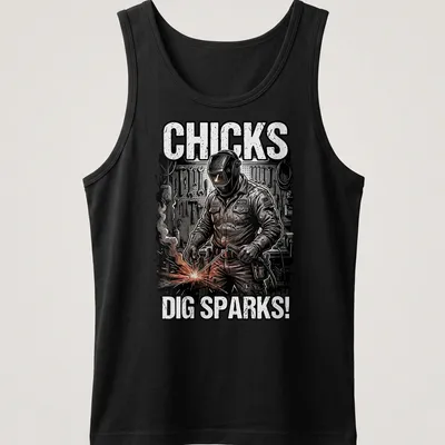 Vintage illustration of a welder with text 'Chicks Dig Sparks!' in black, white, orange, and gray — printed on a tank top