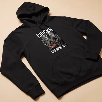 Vintage illustration of a welder with text 'Chicks Dig Sparks!' in black, white, orange, and gray — printed on a unisex hoodie