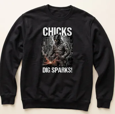 Vintage illustration of a welder with text 'Chicks Dig Sparks!' in black, white, orange, and gray — printed on a unisex sweatshirt