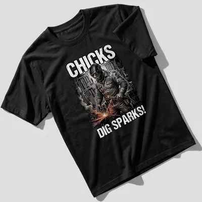Vintage illustration of a welder with text 'Chicks Dig Sparks!' in black, white, orange, and gray
