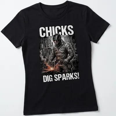 Vintage illustration of a welder with text 'Chicks Dig Sparks!' in black, white, orange, and gray — printed on a women's shirt