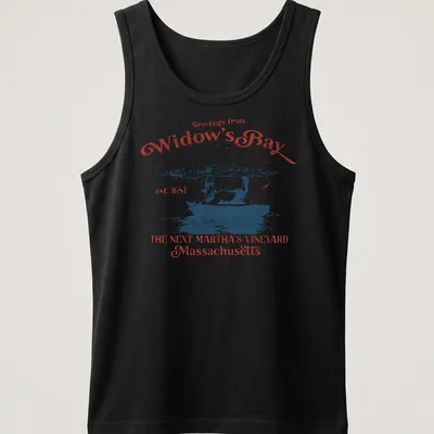 Vintage postcard style t-shirt with a rowboat scene and greetings text — printed on a tank top