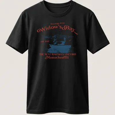 Vintage postcard style t-shirt with a rowboat scene and greetings text