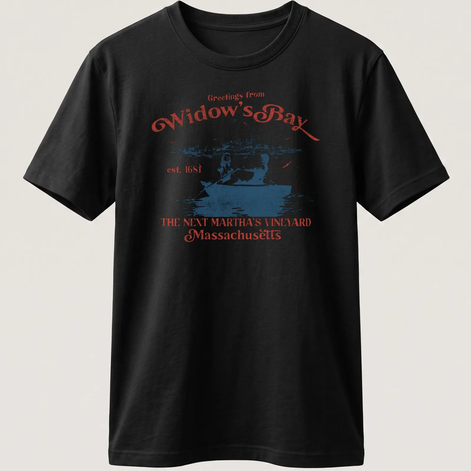 Vintage postcard style t-shirt with a rowboat scene and greetings text — printed on a unisex t-shirt