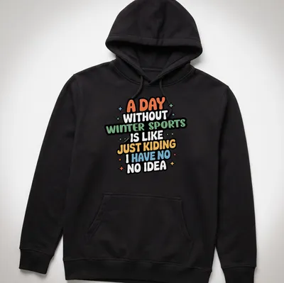 Playful cartoon graphic with winter sports themes and humorous text in multiple colors. — printed on a unisex hoodie