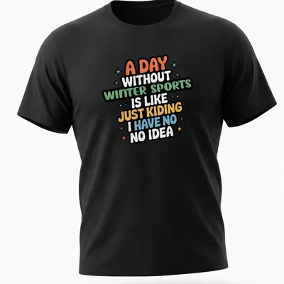 Playful cartoon graphic with winter sports themes and humorous text in multiple colors.