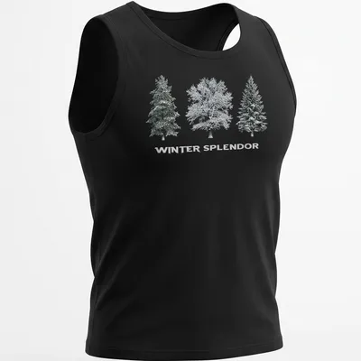 Realistic winter landscape with trees and snow, featuring 'Winter Splendor' text — printed on a tank top