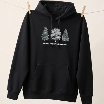 Realistic winter landscape with trees and snow, featuring 'Winter Splendor' text — printed on a unisex hoodie