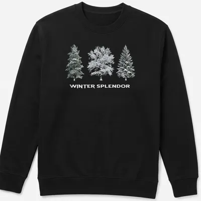 Realistic winter landscape with trees and snow, featuring 'Winter Splendor' text — printed on a unisex sweatshirt