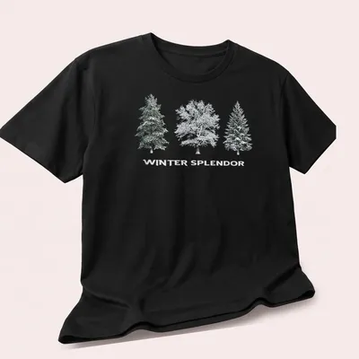 Realistic winter landscape with trees and snow, featuring 'Winter Splendor' text — printed on a unisex t-shirt (angled view)