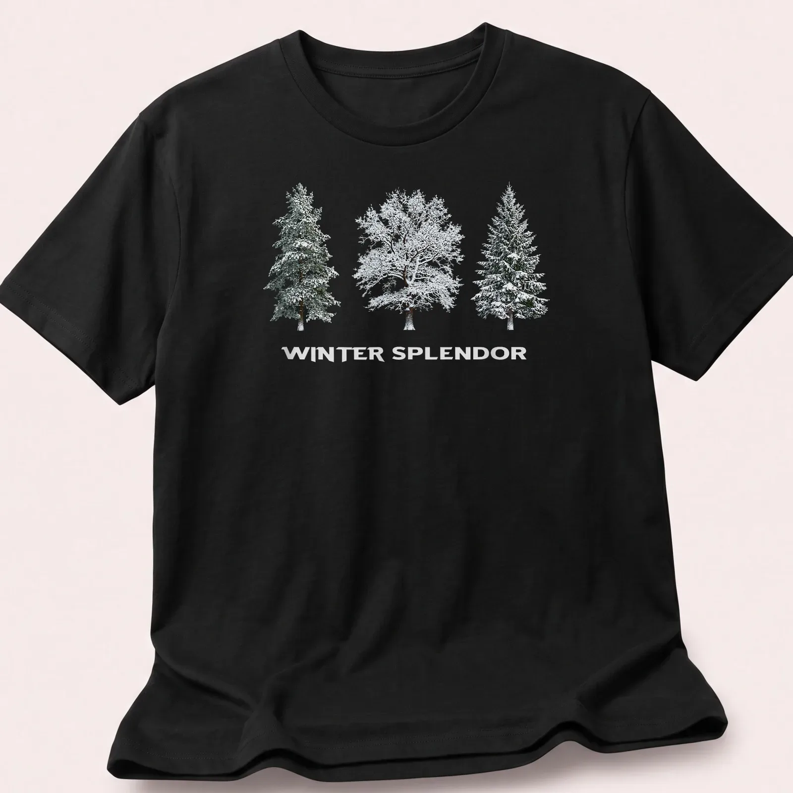 Realistic winter landscape with trees and snow, featuring 'Winter Splendor' text — printed on a unisex t-shirt