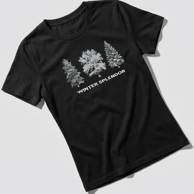 Realistic winter landscape with trees and snow, featuring 'Winter Splendor' text — printed on a women's shirt