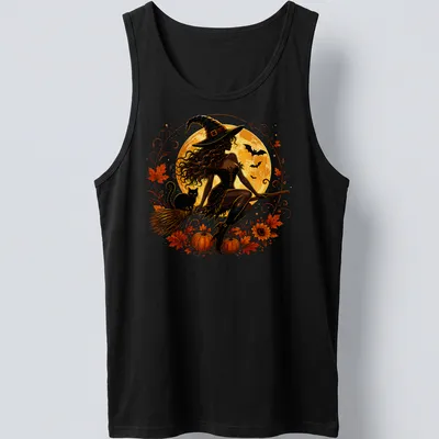 Illustrative Halloween shirt featuring a witch, black cat, moon, and pumpkins in colorful design — printed on a tank top