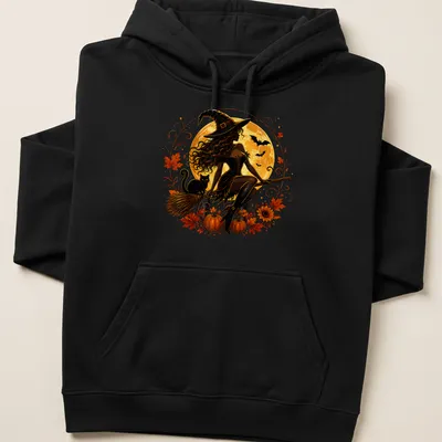 Illustrative Halloween shirt featuring a witch, black cat, moon, and pumpkins in colorful design — printed on a unisex hoodie