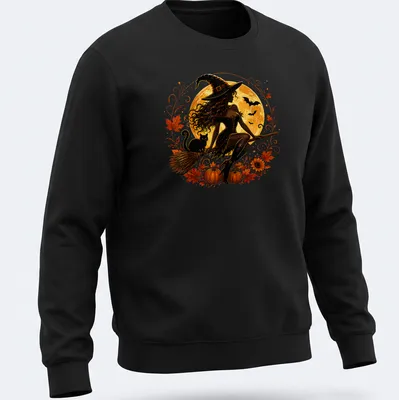 Illustrative Halloween shirt featuring a witch, black cat, moon, and pumpkins in colorful design — printed on a unisex sweatshirt
