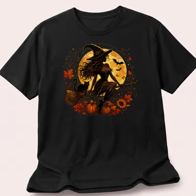 Illustrative Halloween shirt featuring a witch, black cat, moon, and pumpkins in colorful design