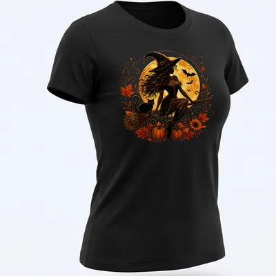 Illustrative Halloween shirt featuring a witch, black cat, moon, and pumpkins in colorful design — printed on a women's shirt