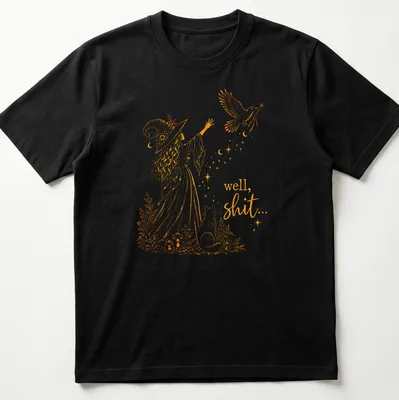 Illustrative line-art of a witch with a crow and a magic wand alongside the text 'well, shit...'