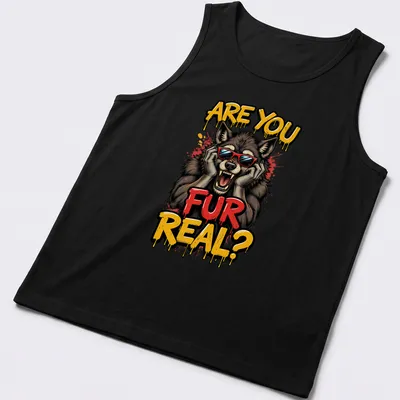 Cartoon wolf in sunglasses with text 'ARE YOU FUR REAL?' in bold colors — printed on a tank top