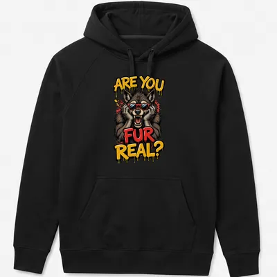 Cartoon wolf in sunglasses with text 'ARE YOU FUR REAL?' in bold colors — printed on a unisex hoodie