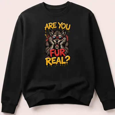 Cartoon wolf in sunglasses with text 'ARE YOU FUR REAL?' in bold colors — printed on a unisex sweatshirt