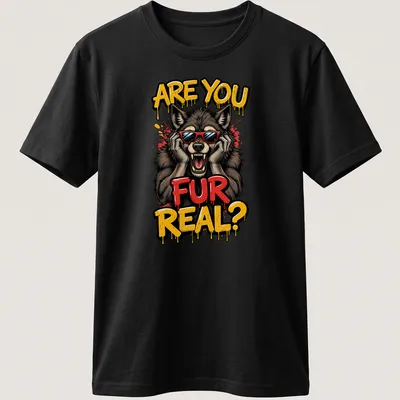 Cartoon wolf in sunglasses with text 'ARE YOU FUR REAL?' in bold colors