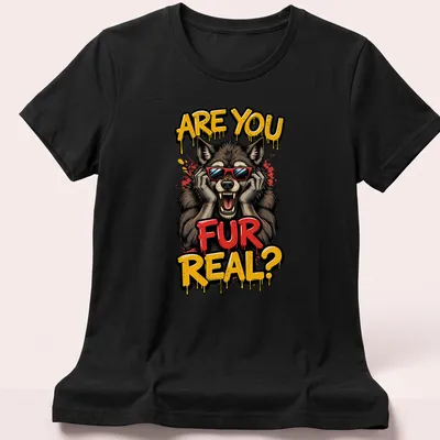 Cartoon wolf in sunglasses with text 'ARE YOU FUR REAL?' in bold colors — printed on a women's shirt