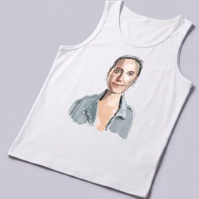 Watercolor illustration of a woman with rectangular earrings in soft colors — printed on a tank top