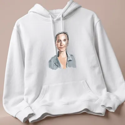 Watercolor illustration of a woman with rectangular earrings in soft colors — printed on a unisex hoodie