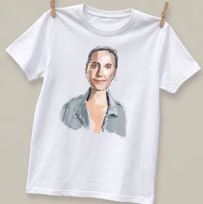 Watercolor illustration of a woman with rectangular earrings in soft colors