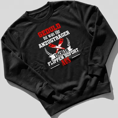 Bold graphic t-shirt featuring crossed saws and GEDULD TISCHLER AUS text — printed on a unisex sweatshirt