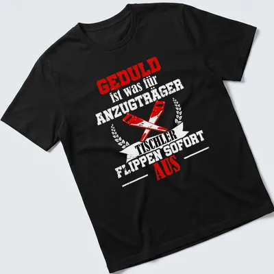 Bold graphic t-shirt featuring crossed saws and GEDULD TISCHLER AUS text